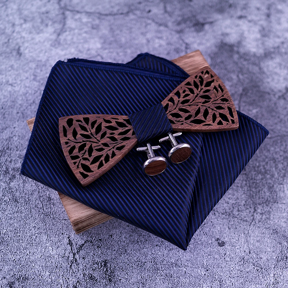 Paisley Wooden Bow Tie Handkerchief Set Men\'s Navy Blue Bowtie Wood Hollow carved Floral design And Box Fashion Novelty ties