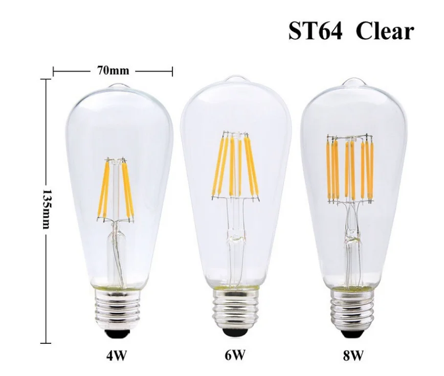 6 قطعة LED ST64 E27 2 واط 4 واط 6 واط 8 واط 10 واط 12 واط 4000 كيلو الأبيض الدافئة إنتاج اديسون خيوط لمبة عكس الضوء E27 B22 110 فولت 220 فولت الطاقة ضوء مصباح