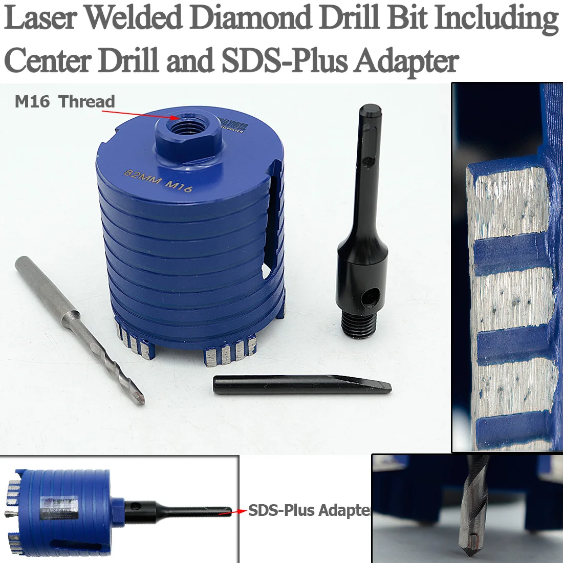 SHDIATOOL 2pcs Laser Welded Diamond Core Drill Bit Including Center Drill and SDS-Plus Adapter Dia 82mm M16 Thread