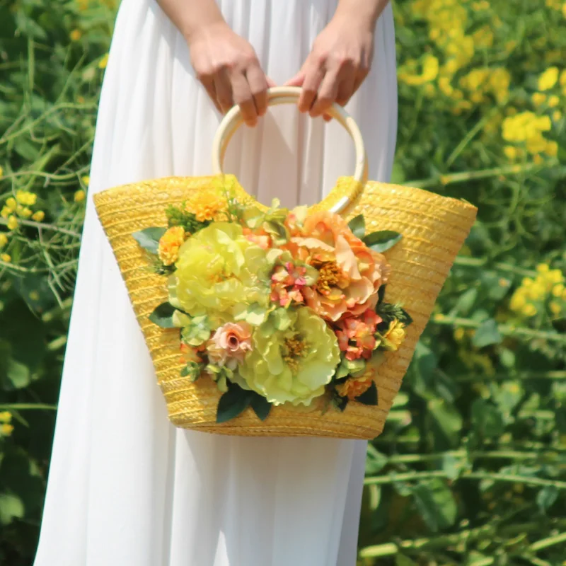 Sac à main en paille multicolore pour femmes, fourre-tout bohème, vacances d\'été, photographie, design original, mode, tissé, rotin, fleur, sac de