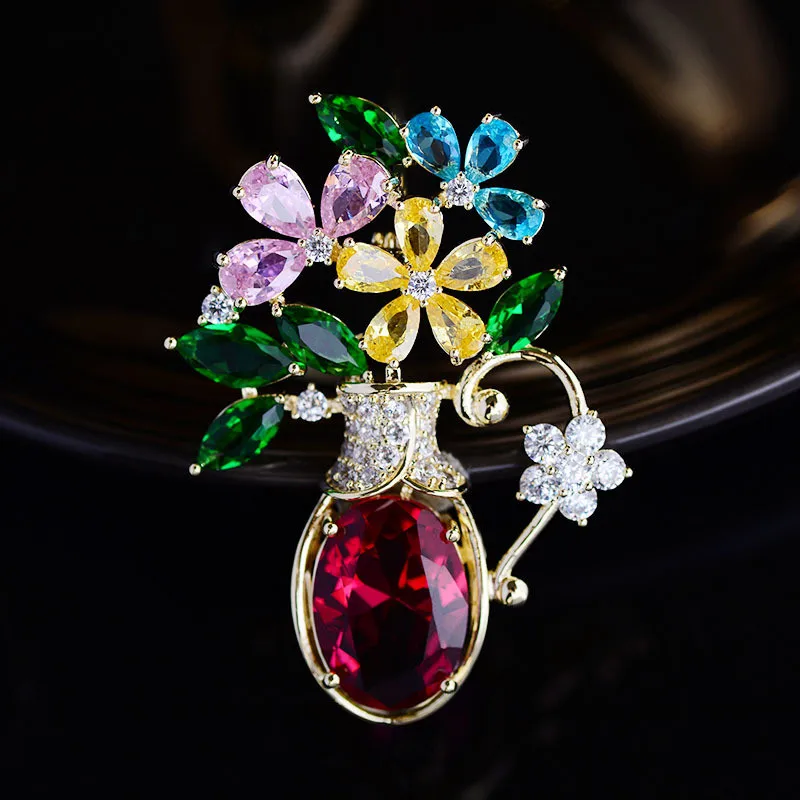 OKILY Elegant Winter Hat Scarf Brooches Pin Women's Xmas Jewelry Colorful CZ Flower Vase Broochpin Christmas Bouquet Accessories