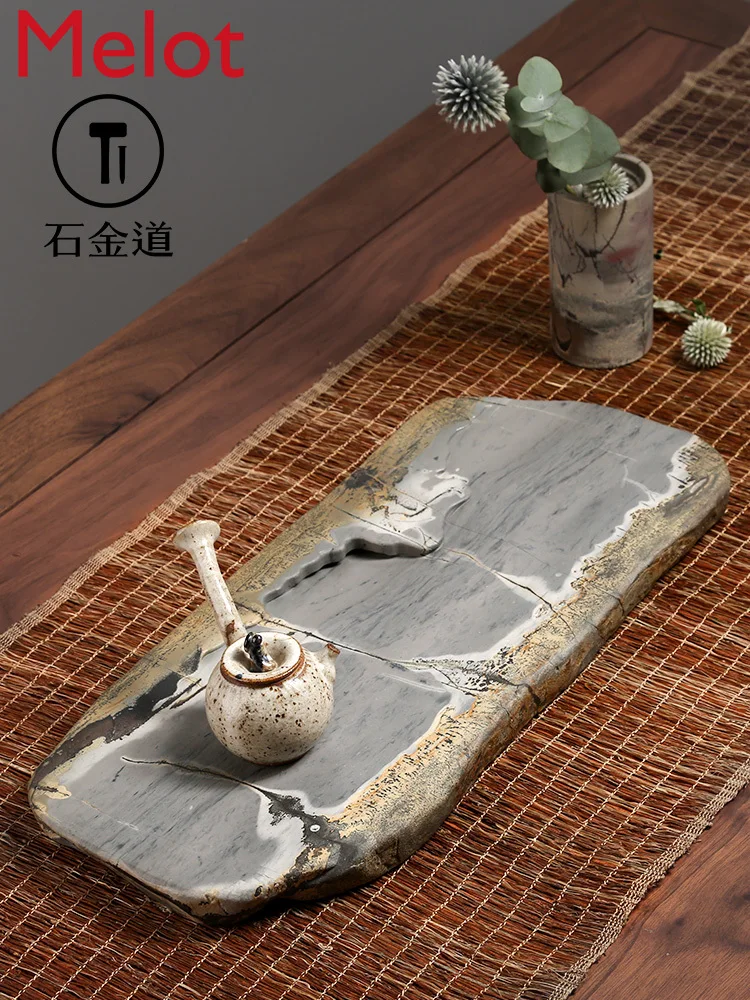 Chinese Painting Stone Tea Tray Household Double-Sided Wet and Dry Bubble Tray Natural Grass Flower Stone Minimalist Creative