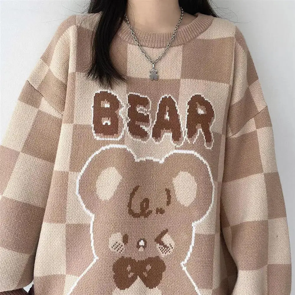 Vintage Light Brown Plaid Bear Cartoon Woman Sweaters Japan Kawaii Winter Tops Harajuku Fashion Teens Clothes Knitted Pullovers