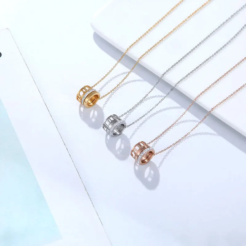 Berühmte Marke Drei Kreise Volle Zirkon Hohl Römische Zahl Anhänger Halskette Edelstahl Schmuck Halskette Frauen Party Geschenk – Detail 4