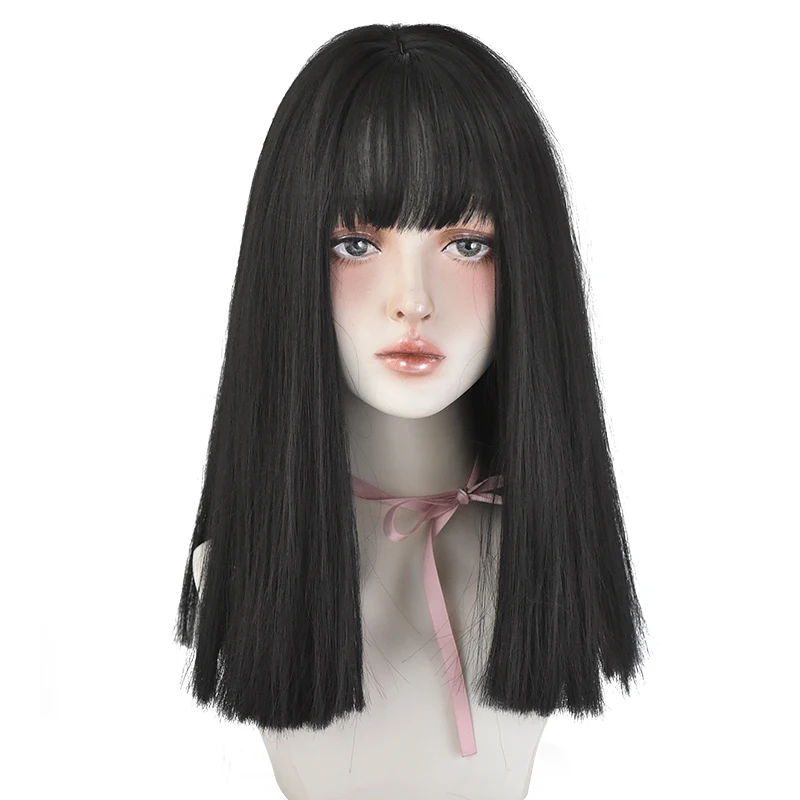 7JHH Wigs Black Straight Synthetic Wig with Bangs