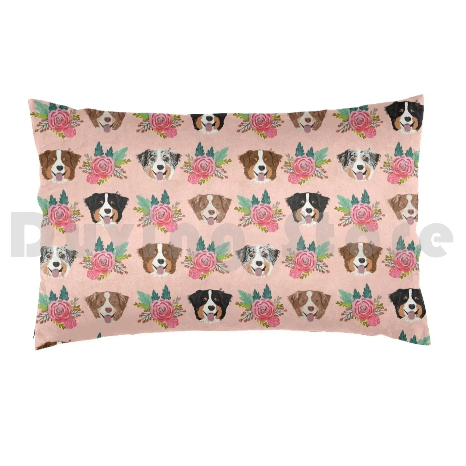 Australian Shepherd Faces Pattern Pink Cute Dogs-Pink Florals Pillow Case Printed 50x75 Aussie Dog