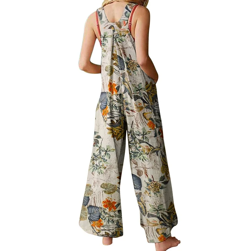 Women Rompers Hot Summer New Loose Linen Cotton Jumpsuit Sleeveless Backless Leaf Floral Print Square Neck Playsuits Overalls