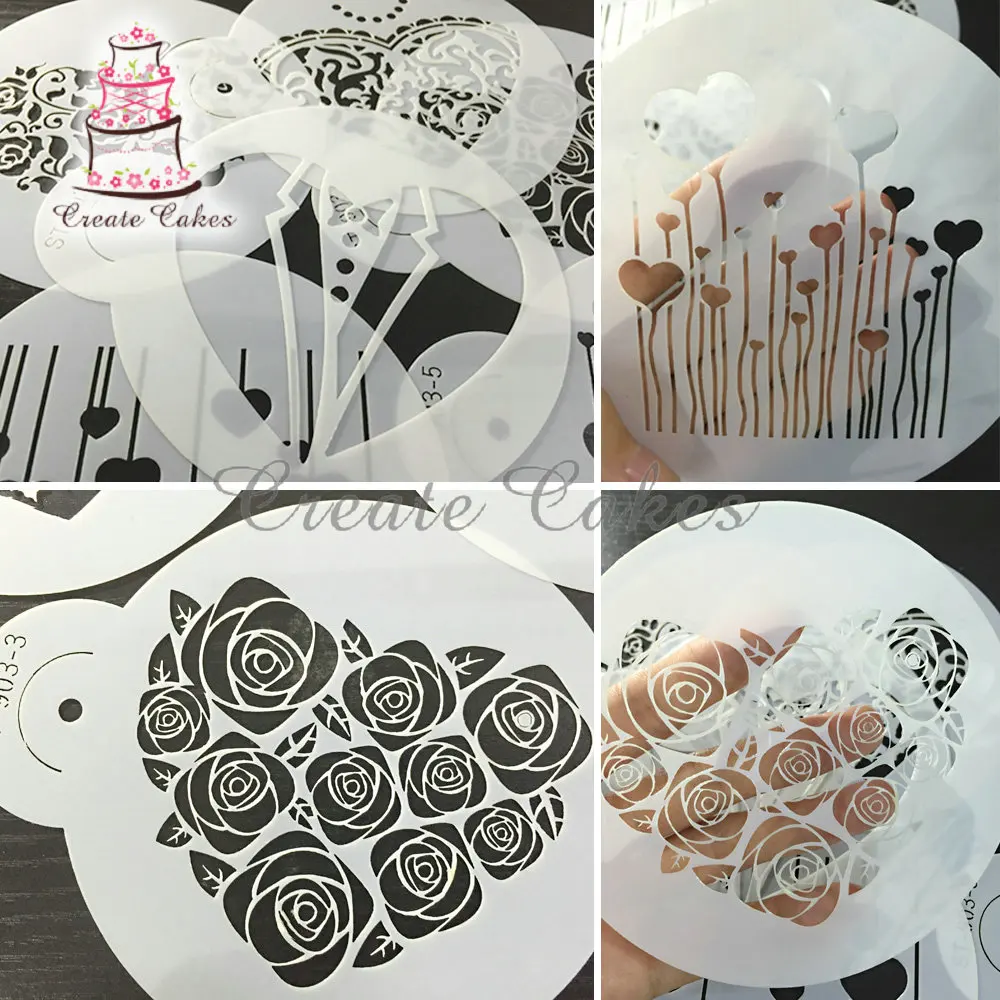 6pcs/set Hearts Cookie Stencil Fondant Cake Mold Rose Flower Biscuits Baking Mould Cake Border Decorating Pastry Spray Tool