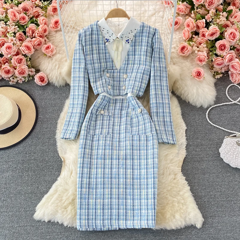 JSXDHK New 2024 Autumn Women Short Tweed Plaid V Neck Tops Two Piece Set And Beading Patchwork Woolen Pencil Dresses Skirts Suit