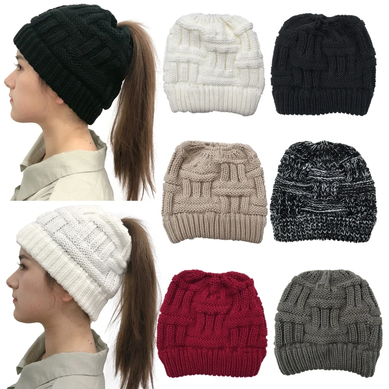 Women Winter Chunky Plaid Crochet Knitted Beanie Hat with Ponytail Hole High Messy Bun Solid Stretch Snow Ski Skull Cap Ear Warm