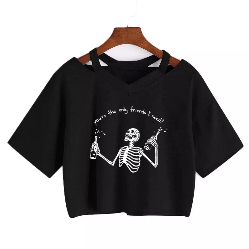 women V-neck loose short-sleeve T-shirt Harajuku shirt Streetwear Y2K Aesthetic clothing Tee gothic clothes crop top Punk Skull