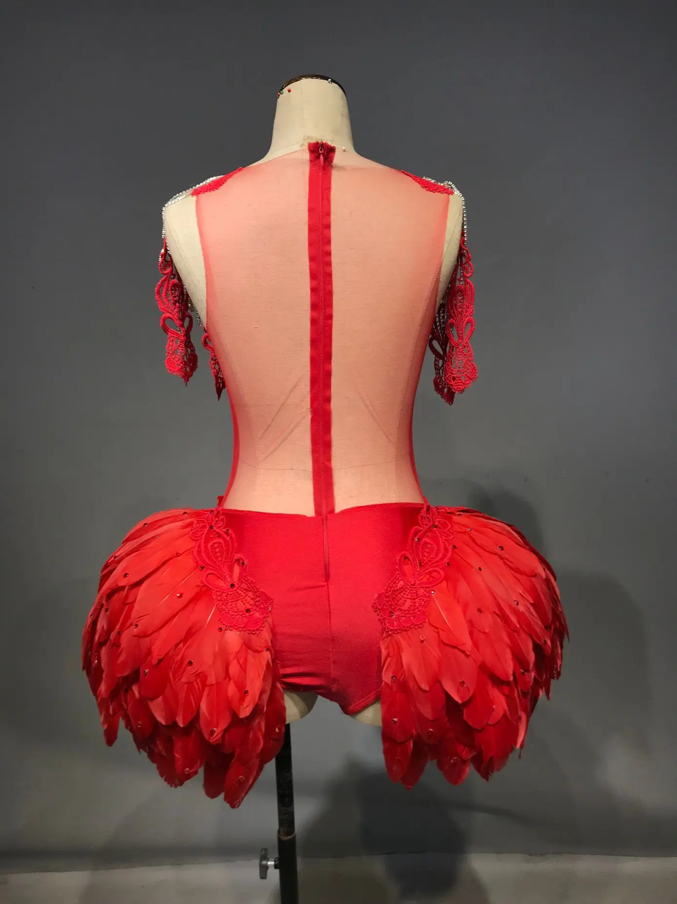 Red feather bodysuit dress Sexy women stage show see through costume gogo party outfit dj cloth