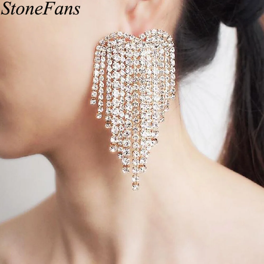 Stonefans Shining Rhinestone Tassel Drop Symmetrical Earrings Fashion Jewelry for Women Trendy Dangle Earrings Statement Gifts