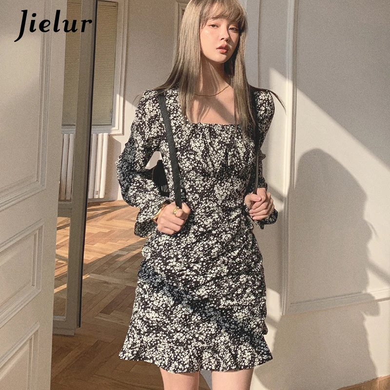 Jielur Vintage Spring Floral Mini Dress Fashion Women Long Sleeve Square Collar Dresses A-line High Street Party Dress Vestidos