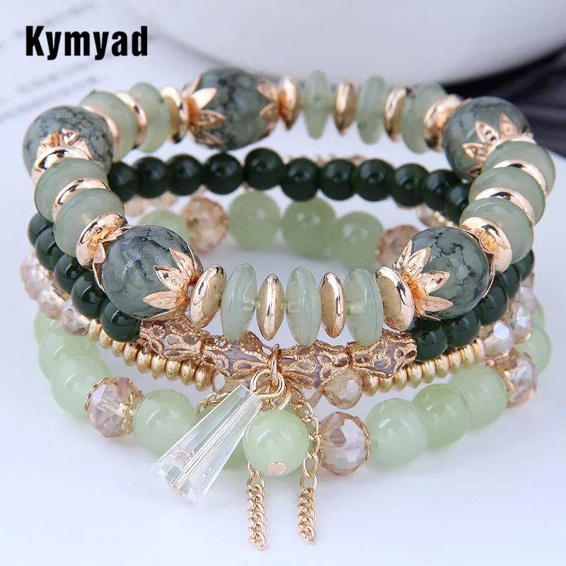 Kymyad Korea Trendy Fashion Green Crystal Stone Bracelets For Women Gold Color Tassel Chains Charm Bracelet Femme Beads Pulseras