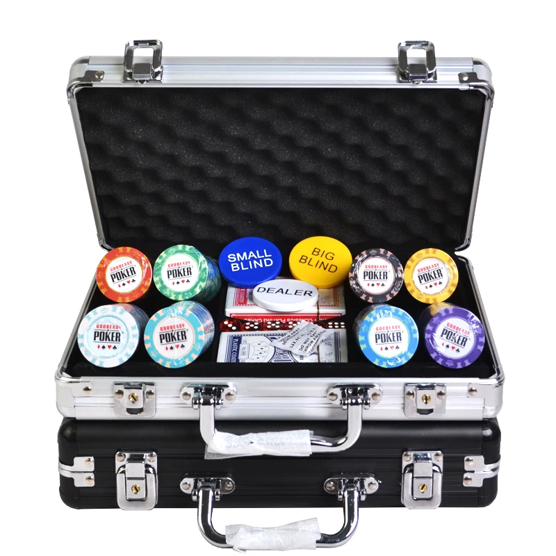 

200Pcs Clay Poker Chips Set Board Games Texas Coins Poker Set Silver Aluminum Cases Free Playing Cards Dice Dealer Button