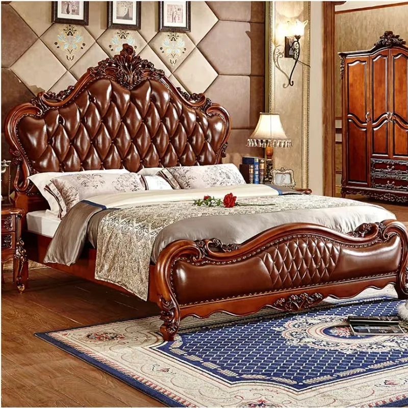 genuine leather bed solid wood carving master bedroom double solid wood1.8 m luxury American wedding bed