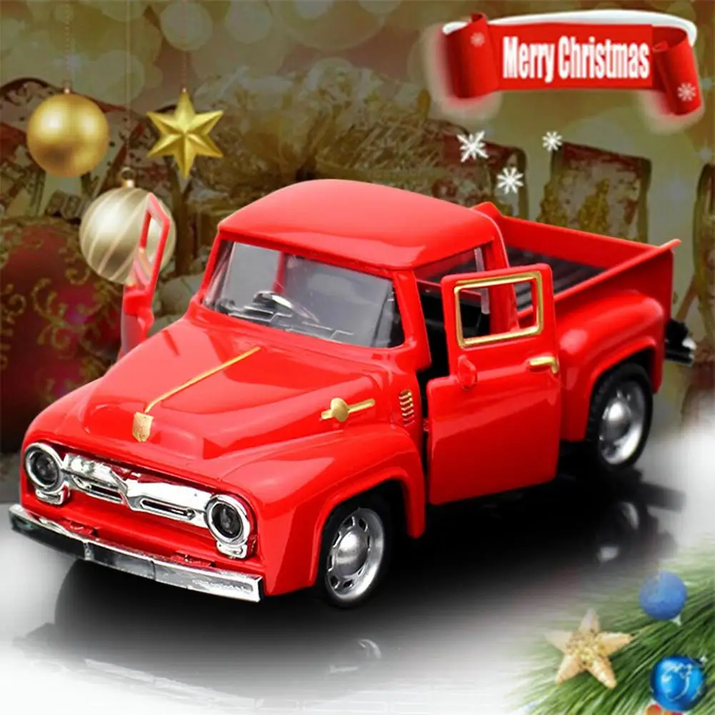 Christmas Trucks Ornaments Retro Vintage Metal Pickup Truck Transporting Christmas Tree Red Car Kids Gifts Toy for Birthday