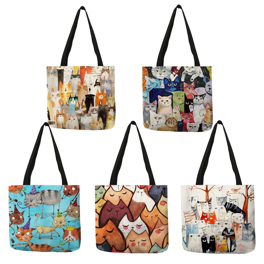 Lovely Pattern Women Totes Cute Cartoon Cats Image Printed Handbag Eco Linen Fashion Traveling Practical Shoulder Bag Lady