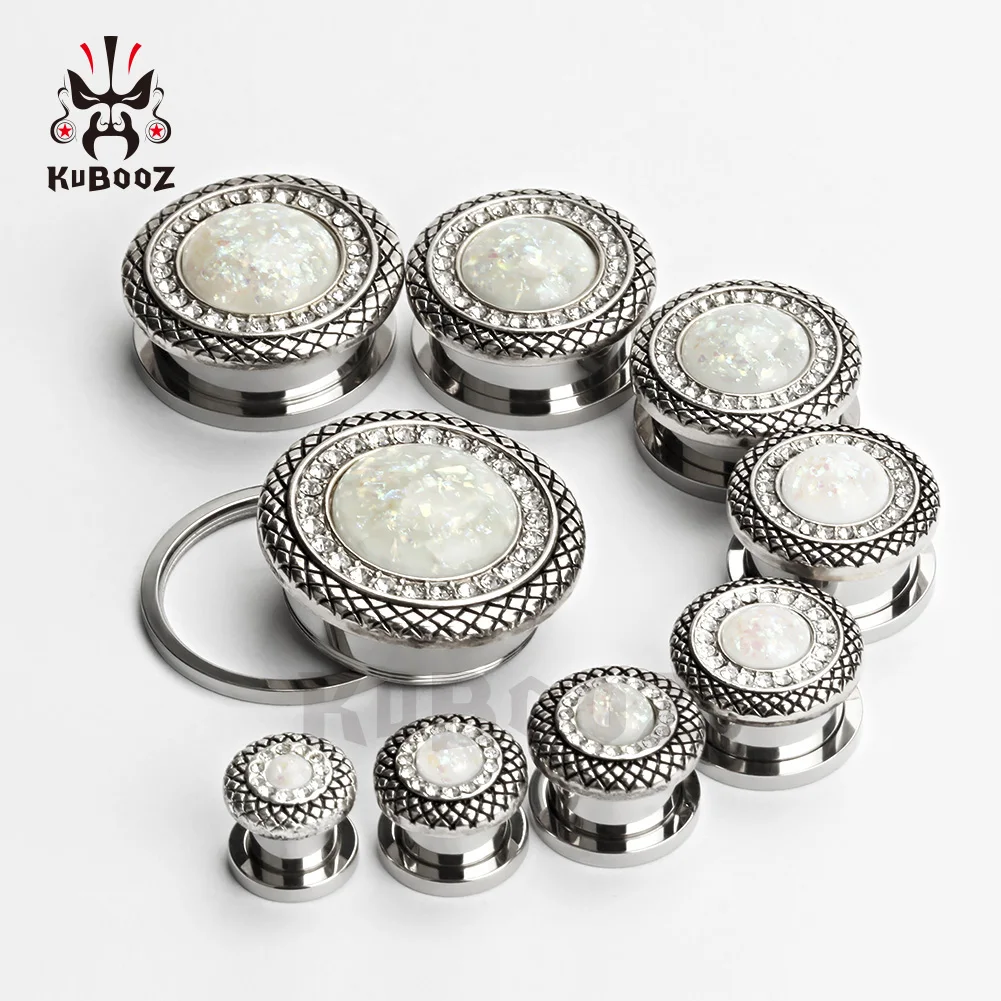 KUBOOZ Fashion Stainless Steel White Opal Border Ear Piercing Tunnels Plugs Gauges Body Jewelry Ear Expanders Stretchers 2PCS