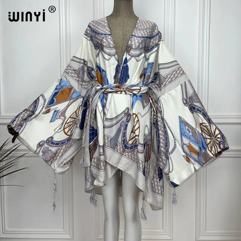 WINYI 2021 Afrika Sommer Frauen Strickjacke stich robe Cocktail sexcy Boho Maxi Afrikanischen Urlaub Batwing Hülse Silk Robe