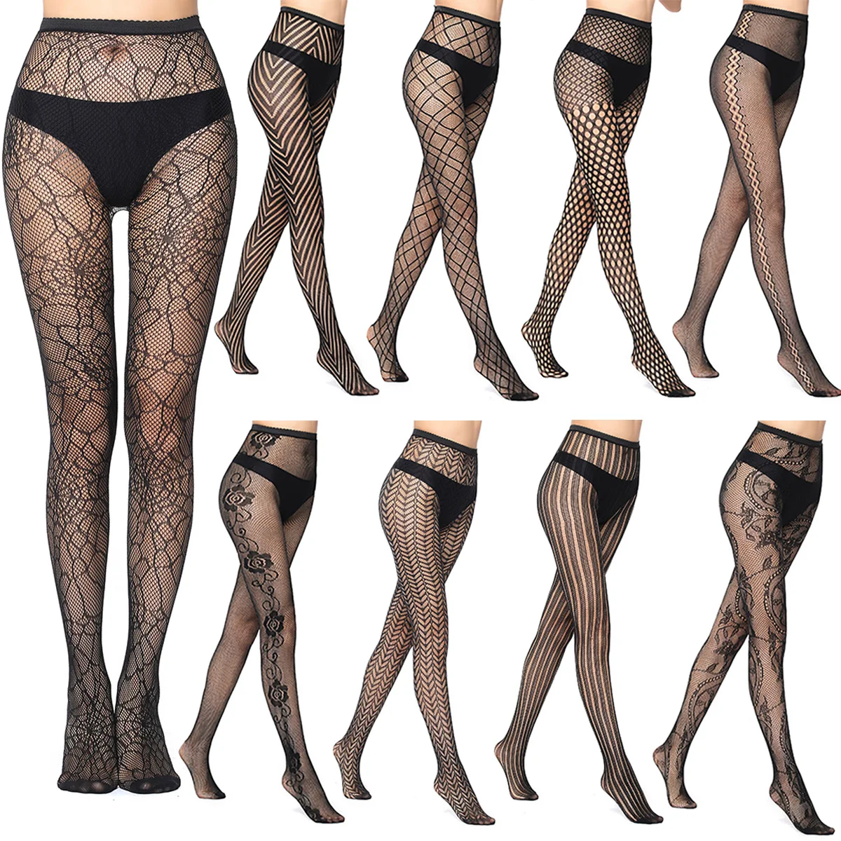 Women Sexy Fishnet Tights Fashion Jacquard Weave Seamless Punk Mesh Pantyhose Black Lolita Fish Net Body Stockings Sexy Lingerie