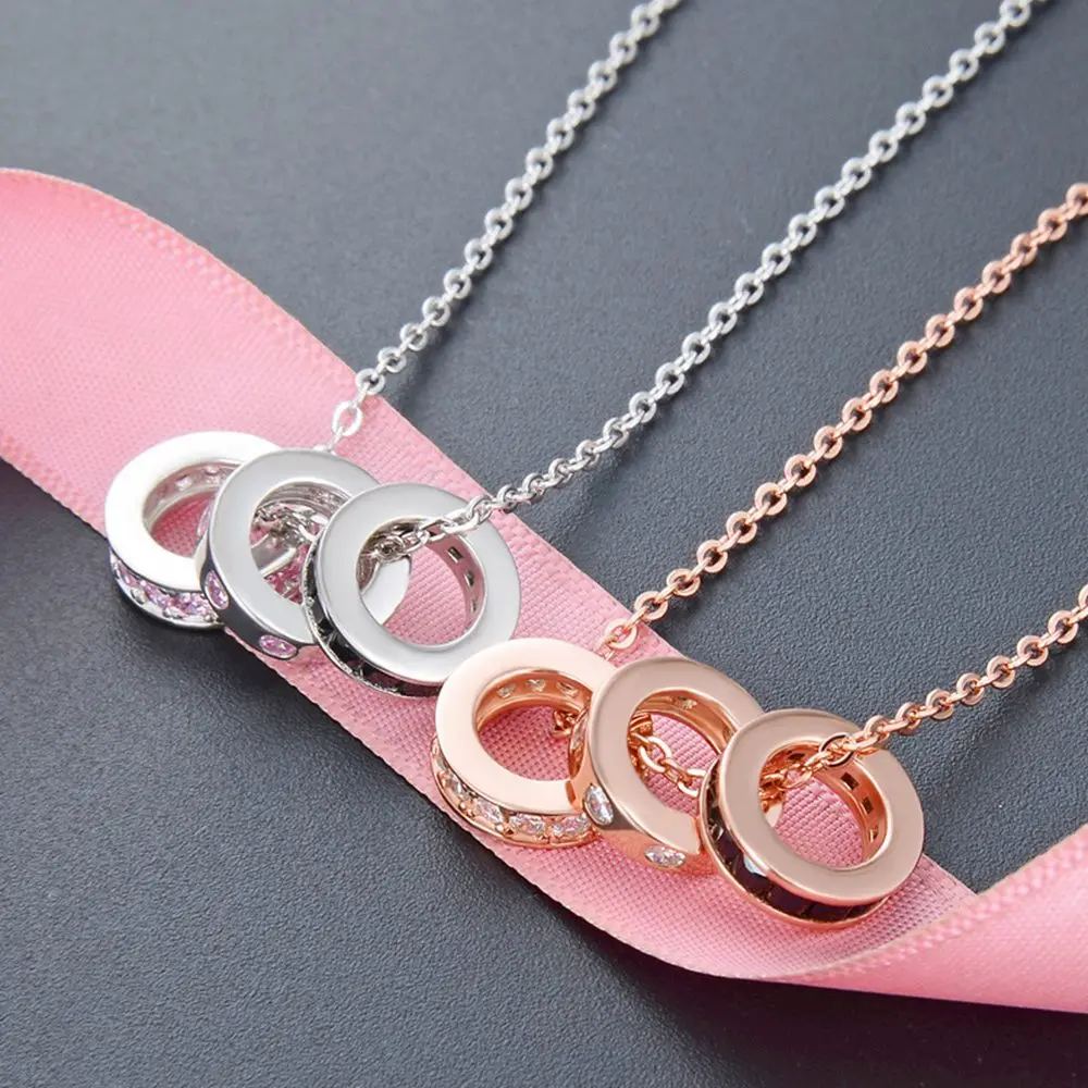 S925 Sterling Silver Necklace Three Rings With Diamond Ring Small Fragrance Style With Diamond Pendant Fashion Chain Set