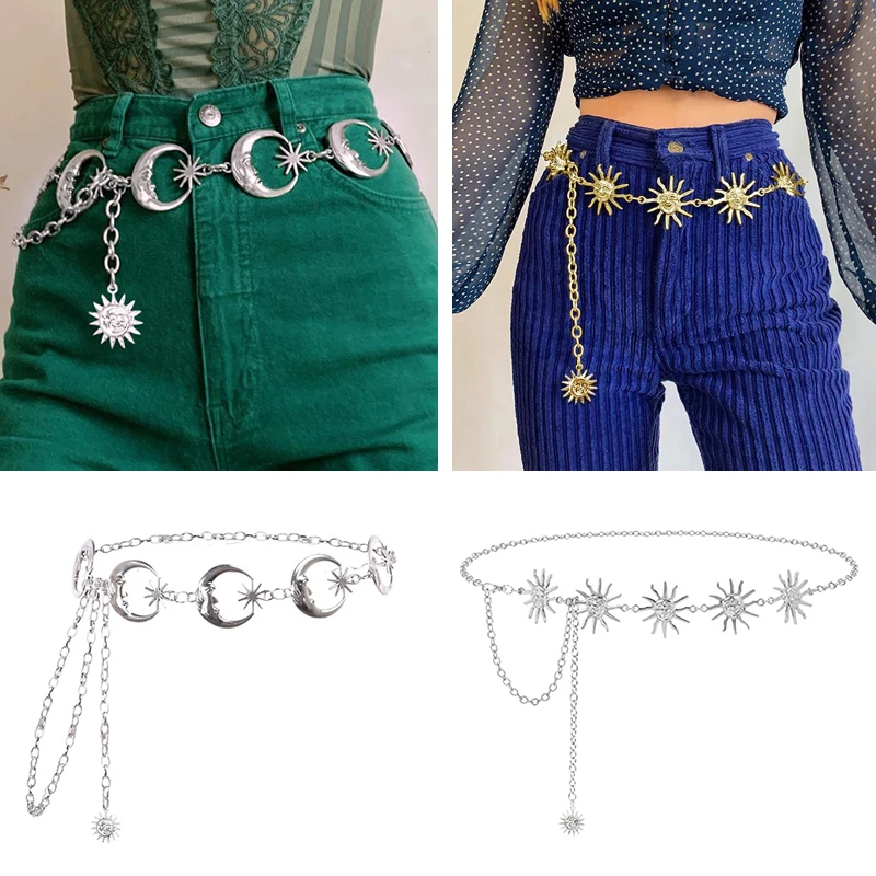 Złoty łańcuszek do paska Kobieca talia Księżyc Słońce Metalowe paski dla kobiet Punk Dress Waistband Gothic Jeans Accessory Long Ketting Riem