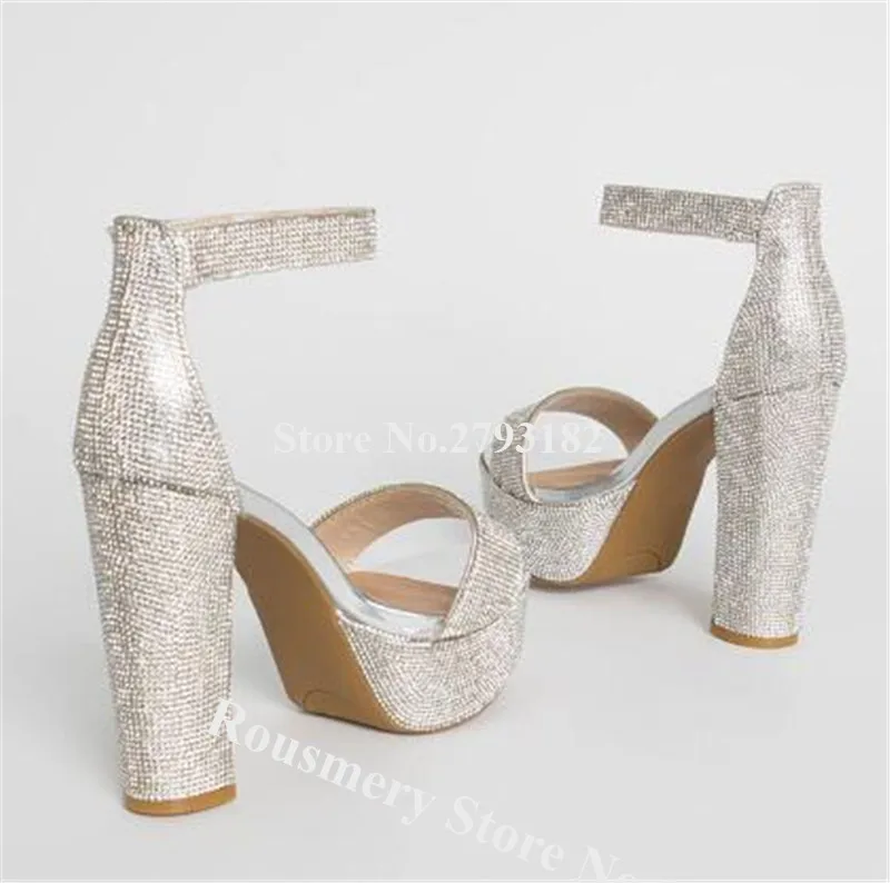 Bling Bling Women Fashion Peep Toe Rhinestone Chunky Heel Sandals Ankle Strap Silver Crystal Thick High Heel Sandal Wedding Shoe