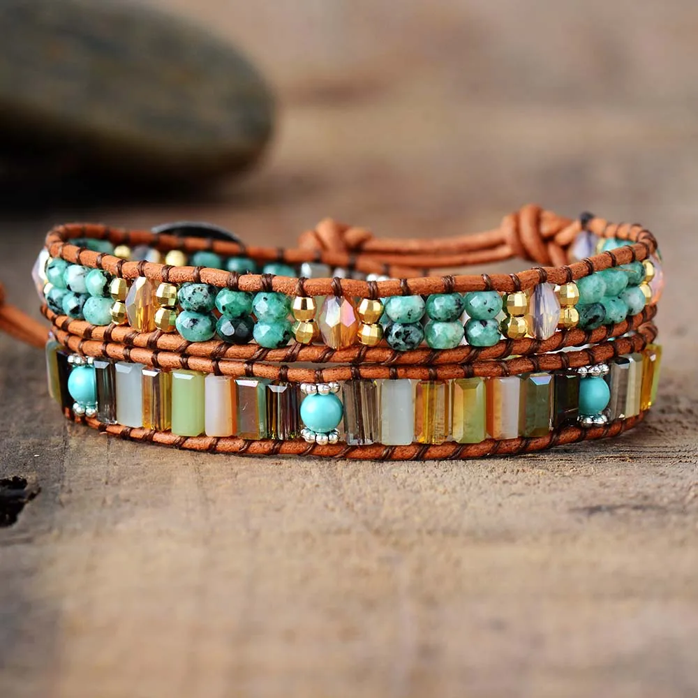 Bohemia Bracelet Femme Semi precious Stone 7 Color Crystals Leather Wrap Bracelet Beads Chakras Women Jewelry Dropshipping