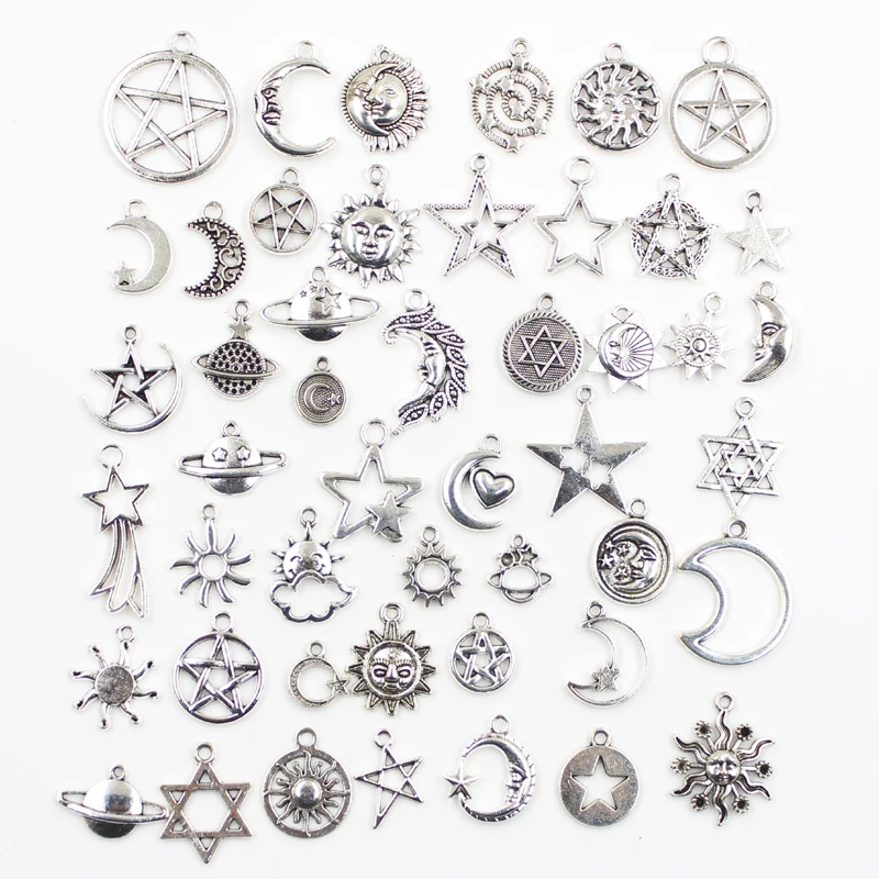 30pcs Charms Star Moon Sun Cloud Planet Mars Antique Silver Color Mixed Pendants DIY Making Findings Tibetan Handmade Jewelry