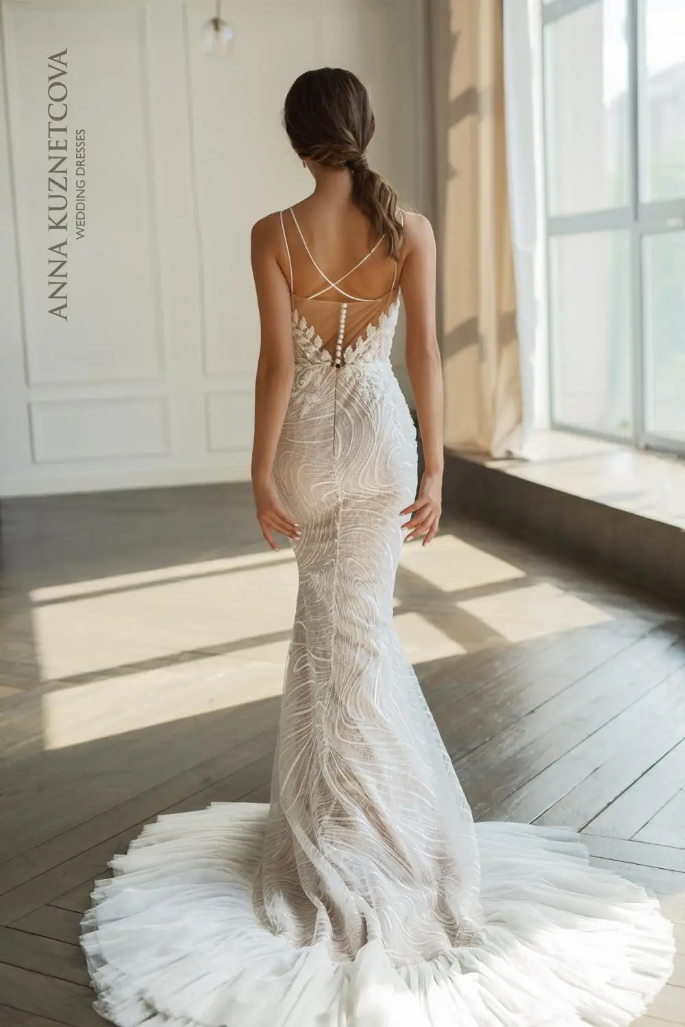 فساتين زفاف دانتيل أشرطة سباغيتي مزينة بالدانتيل فساتين زفاف مصنوعة حسب الطلب بدون ظهر سويب تراين حورية البحر فستان الزفاف #6