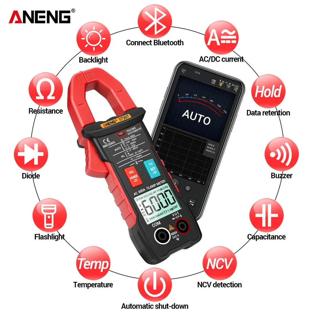 ST207 Digital Bluetooth Smart Multimeter Clamp Meter 6000 Count True RMS DC/AC Voltage Tester AC Current Hz Capacitance Ohm TEST