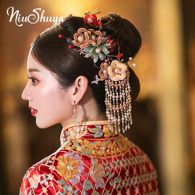 NiuShuya Chinese Vintage Hanfu Hair Accessories Headdress Velvet Flower Shell Wedding Bridal Headpiece Jewelries