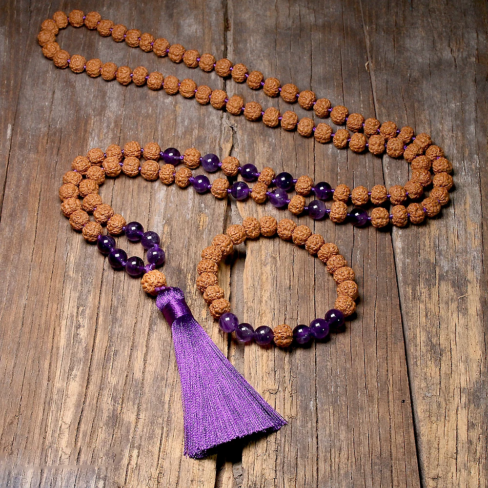 Natural Rudraksha 108 Japamala Necklaces Sets Knotted Amethyst Yoga Meditation Mala Necklace For Women Buddha With Tassel Zen