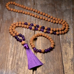 Natural Rudraksha 108 Japamala Necklaces Sets Knotted Amethyst Yoga Meditation Mala Necklace For Women Buddha With Tassel Zen