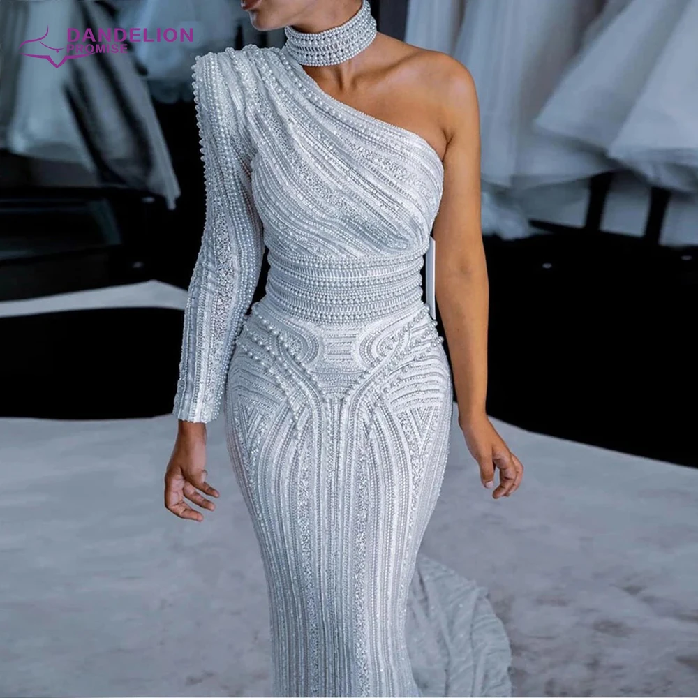 Luxury Dubai White High Neck One Shoulder For Women 2021 Mermaid Detachable Train Pearls Lace Party Wear Formal  Gowns