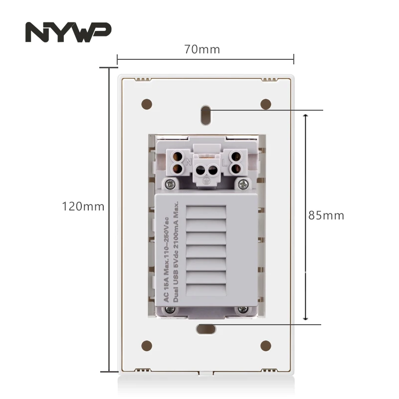 NYWP tempered glass American multi-function socket, 2.1A dual USB power adapter socket, 15A American standard duplex socket