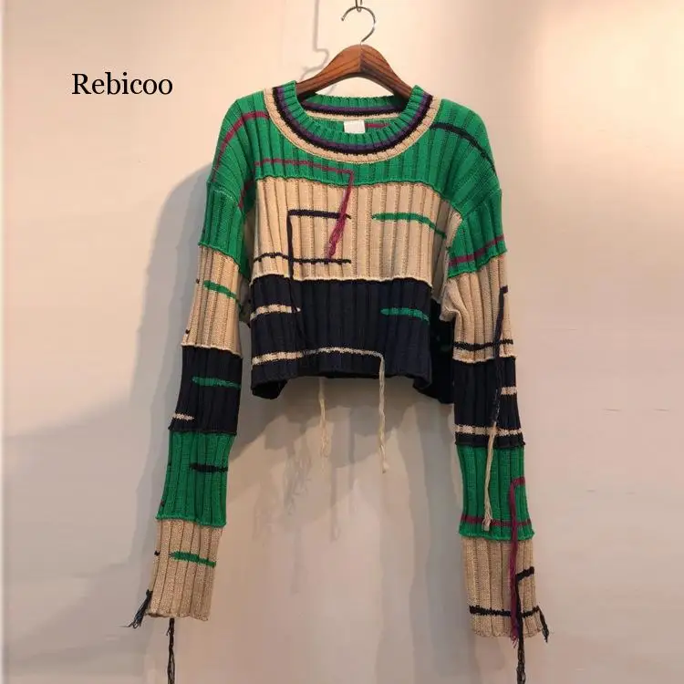 Pattern Korean Round Long Sleeve Fashion Batwing Sleeve Short Length Striped Pattern Sweater loose causal clothes top