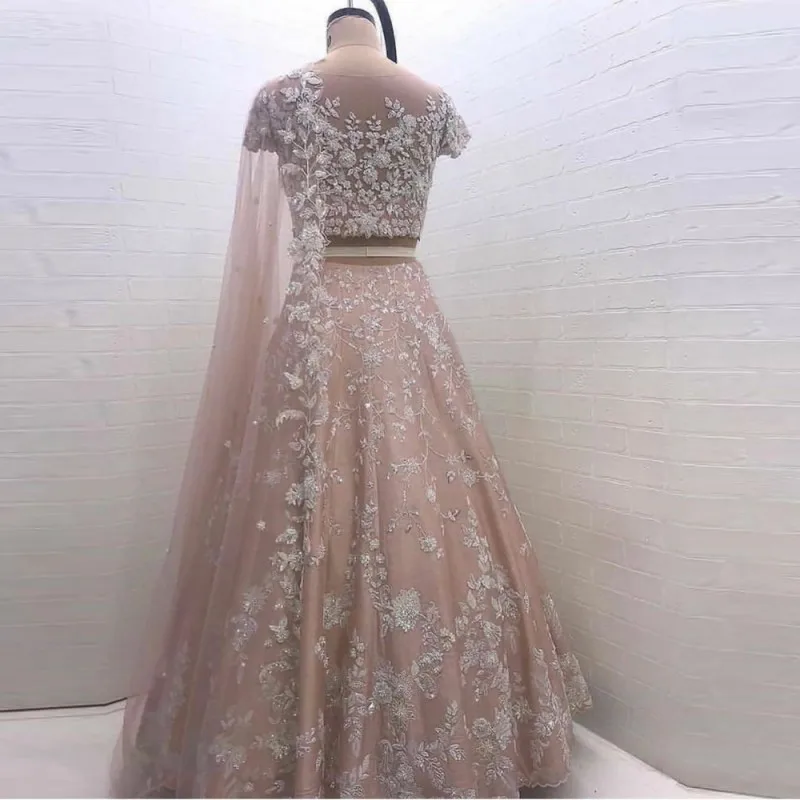 Dusty Pink Saudi Arabia Prom Dresses Sheer Neck Lace Appliques Short Sleeves A Line Two Pieces Evening Gowns Robe De Soiree