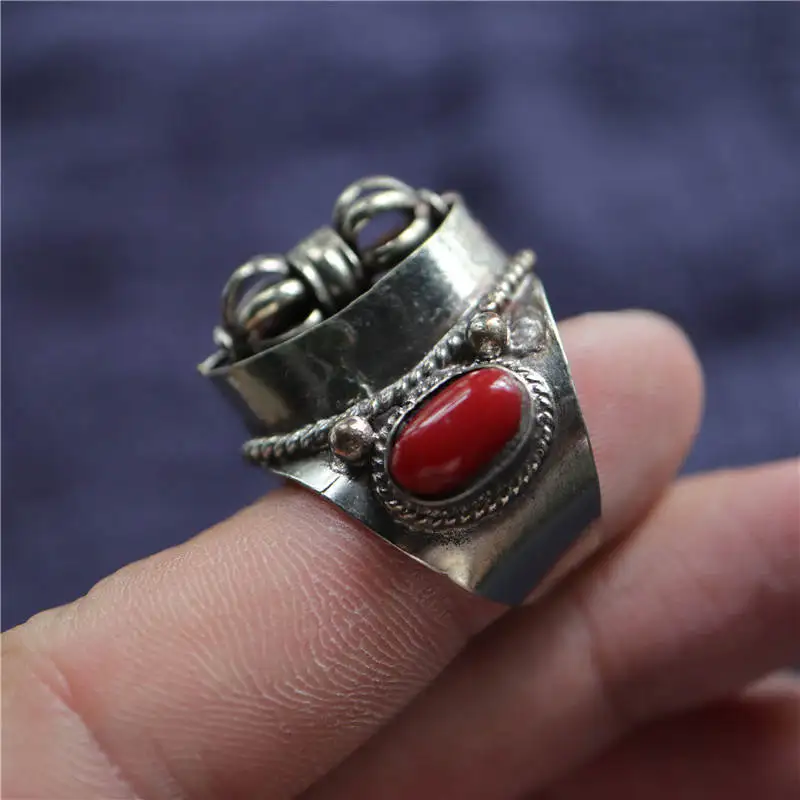 Tibetan Metal Ring for Man Spin Dorje Amulet Copper Inlay Red Lampwork Beads Open Rings Big Size R185