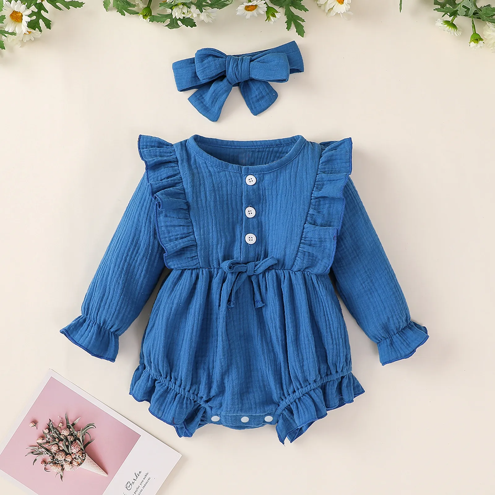 Newborn Baby Girls Clothes Long Sleeve Bowtie Ruffle Bodysuit +Headband Infant Outfits Sets Winter Girl Clothing 3 6 9 12 Months