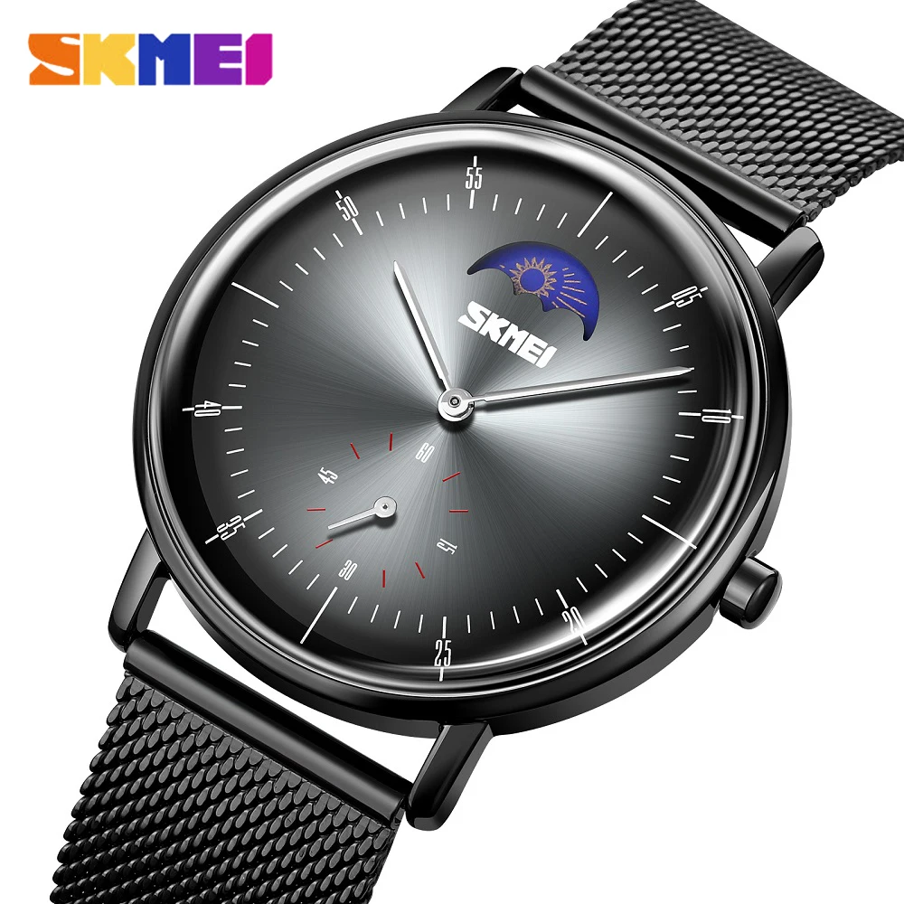 

SKMEI Stainless Steel Watch for Men Fashion Business Small Dial Quartz Watches Creative Moon Phase Dial Male Waterproof Clock