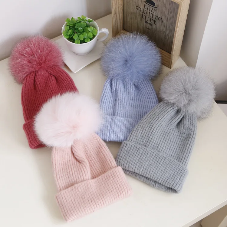 CHANRU002 Women winter thick warm wool beanies cap Real fox fur pom pom curled knitted hat skullies Bone gorras