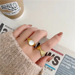 YUN RUO 2021 Personality Natural Shell Ring for Woman Exaggerated Index Finger Ring 316 L Titanium Steel 18K Gold Color Jewelry