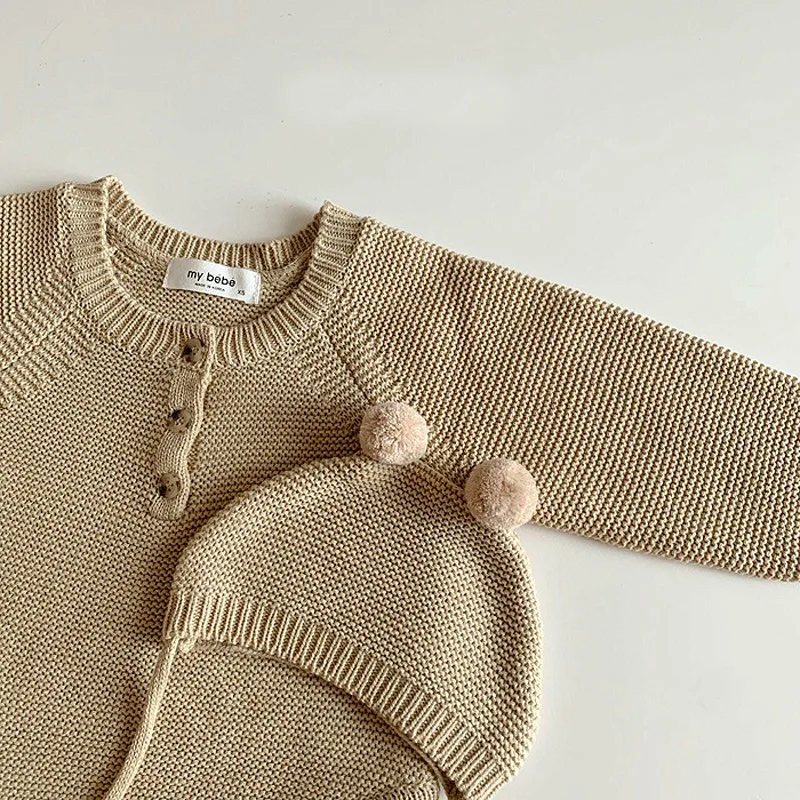 2024 Frühling Herbst Kleinkind Baby Jungen Mädchen Strick bodysuit mit Baby Strick mütze Säugling Overall Strickwaren Outfits Neugeborenen Pullover