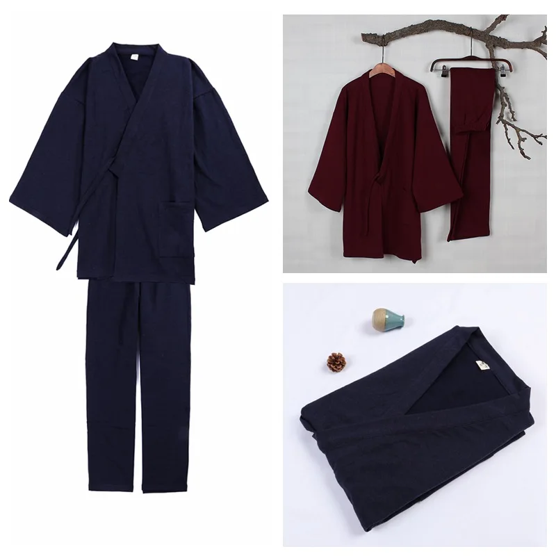 Setelan piyama tebal longgar musim gugur & Musim Dingin gaya tradisional Jepang Set celana Tidur & Santai Kimono Yukata mantel mandi Obi