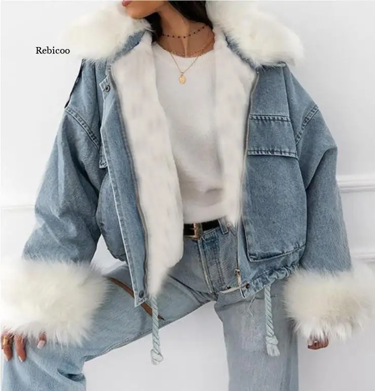 Autumn Winter Women Jacket Coat Warm Faux Fur Short Jean Jackets Ladies Fashion  3xl Denim Outwear Thicken Clothes