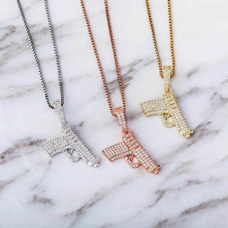 

Ожерелья с подвеской в виде пистолета из стерлингового серебра 925 пробы с блестящим цирконием и камнем для мужчин и женщин, ювелирные изделия в стиле хип-хоп, рэпер