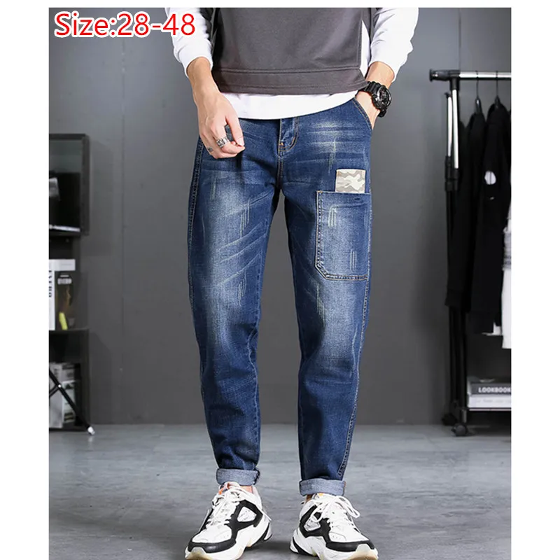 Pencil Jeans Men HipHop Distressed Black Denim Pants Man Pocket Boys Plus Size 44 46 48 Stretched Elastic Autumn Winter Trousers